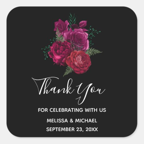 Elegant Magenta Rose Floral Bouquet Thank You Square Sticker