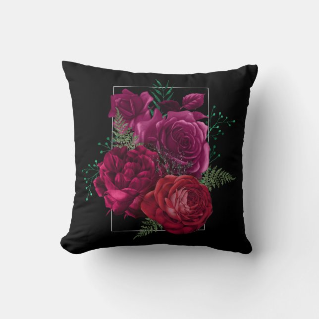 Elegant Magenta Rose Floral Bouquet Throw Pillow (Front)