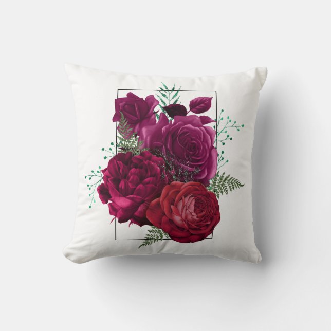 Elegant Magenta Rose Floral Bouquet Throw Pillow (Front)