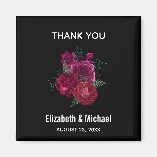 Elegant Magenta Rose Floral Bouquet Wedding Magnet (Front)