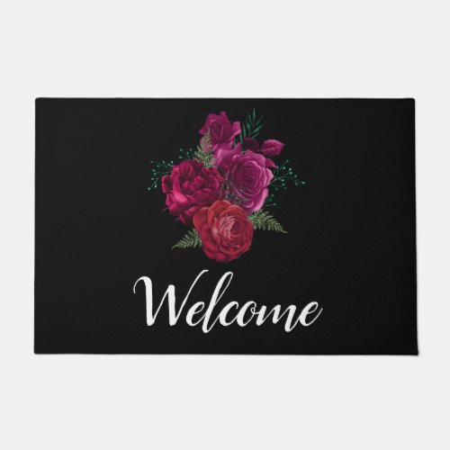 Elegant Magenta Rose Floral Bouquet Welcome Doormat