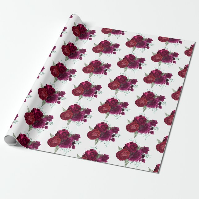 Elegant Magenta Rose Floral Bouquet Wrapping Paper (Unrolled)