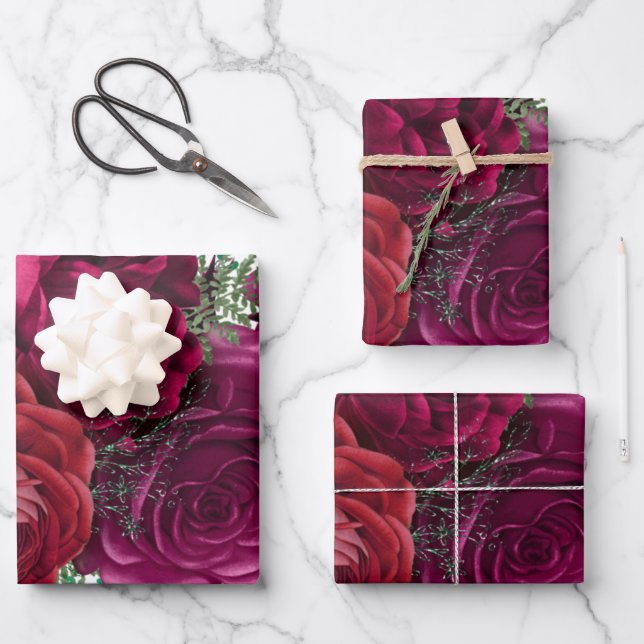 Elegant Magenta Rose Floral Bouquet Wrapping Paper Sheets (Front)