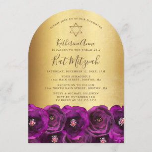 Elegant Magenta Rose Floral Gold Bat Mitzvah Invitation