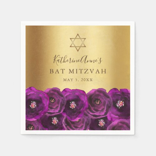 Elegant Magenta Rose Floral Gold Bat Mitzvah