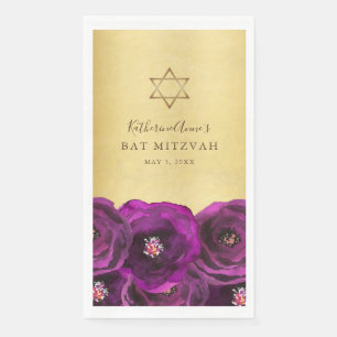 Elegant Magenta Rose Floral Gold Bat Mitzvah Paper Guest Towels
