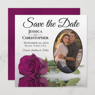 Elegant Magenta Rose on White Oval Photo Wedding Save The Date