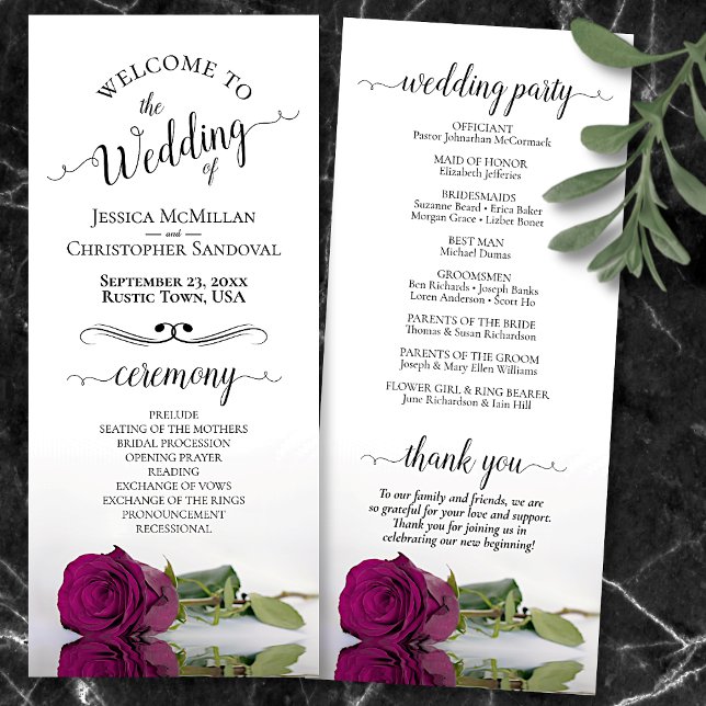 Elegant Magenta Rose Simple Romantic Wedding Program (Front and Back)