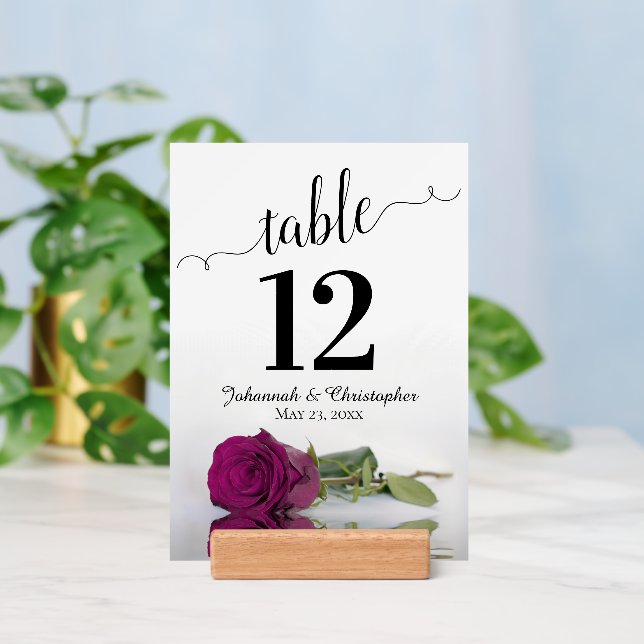 Elegant Magenta Rose Wedding Table Number w/ Holder (Insitu 3)
