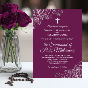 Elegant Magenta & Silver Modern Catholic Wedding Invitation