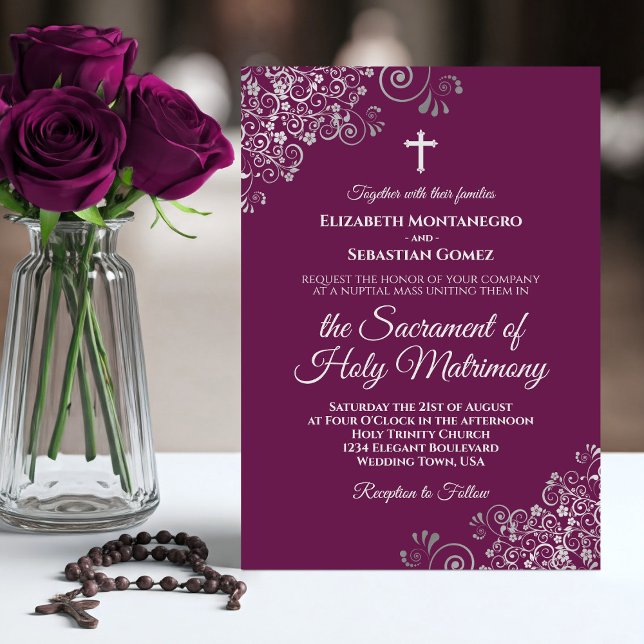 Elegant Magenta & Silver Modern Catholic Wedding Invitation (Creator Uploaded)