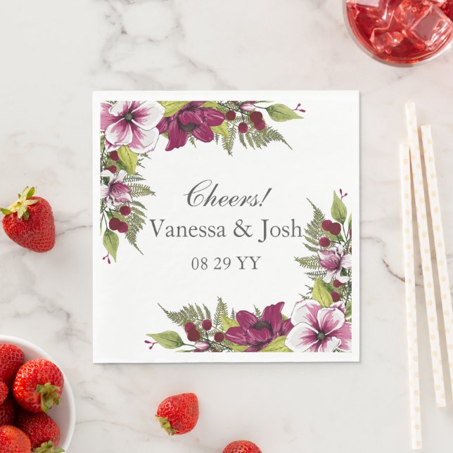 Elegant Magenta White Florals and Green Botanicals Napkins (Insitu)