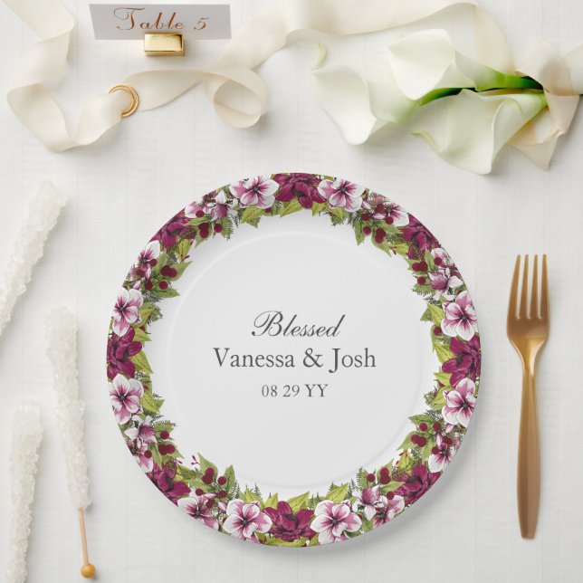 Elegant Magenta White Florals and Green Botanicals Paper Plates (Wedding)