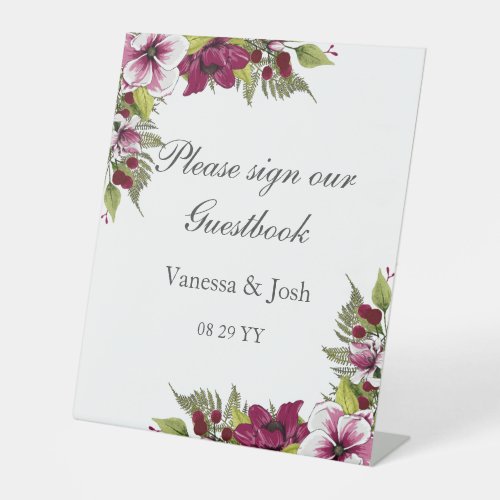 Elegant Magenta White Florals and Green Botanicals Pedestal Sign