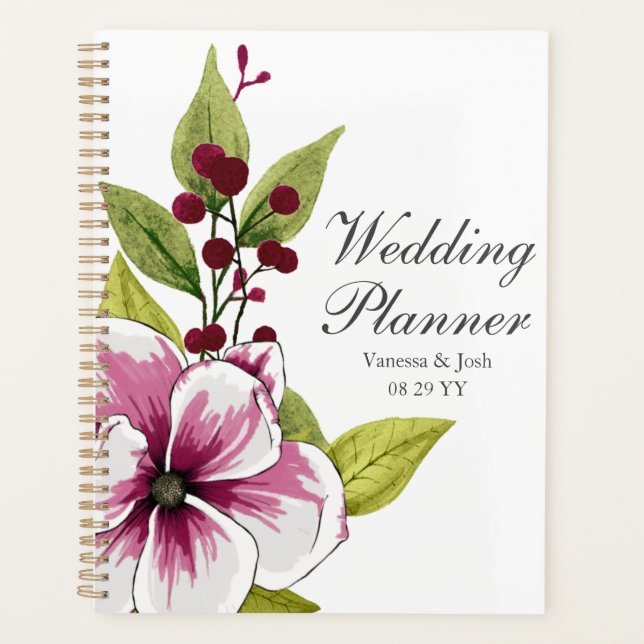 Elegant Magenta White Florals and Green Botanicals Planner (Front)