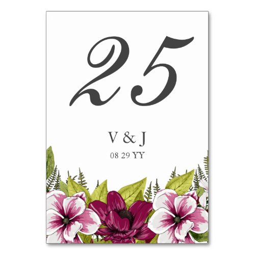 Elegant Magenta White Florals and Green Botanicals Table Number