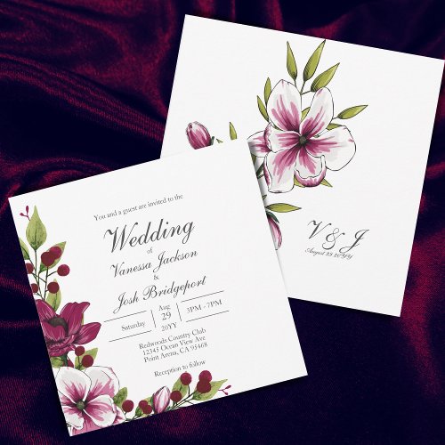 Elegant Magenta White Florals  Green Botanicals Invitation