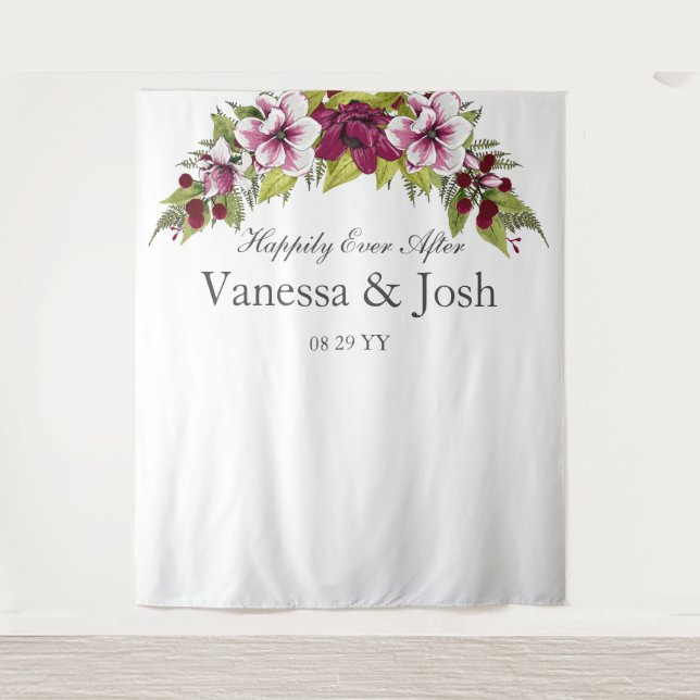 Elegant Magenta White Florals  Green Botanicals Tapestry (Front)
