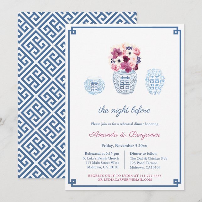 Elegant Magenta White Flowers Rehearsal Dinner Invitation (Front/Back)