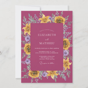 Elegant Magenta Yellow Wildflower Wedding Invitation