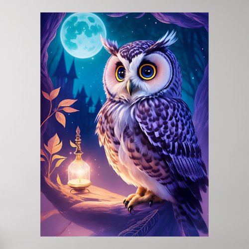 Elegant Magical Comic Owl AI Art  Poster