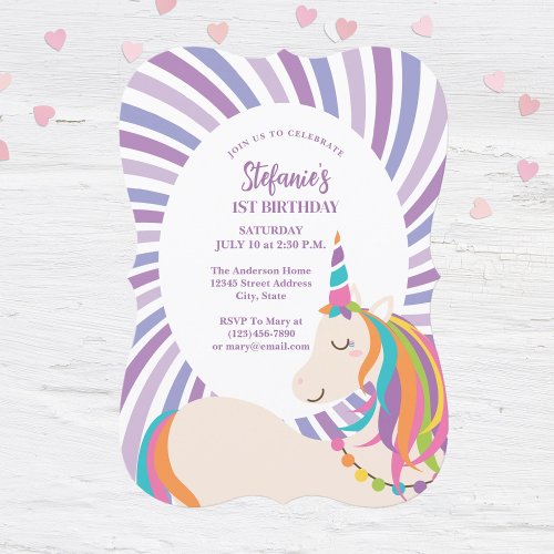 Elegant Magical Rainbow Unicorn Girl 1st Birthday Invitation