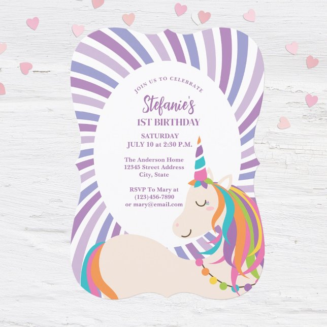 Elegant Magical Rainbow Unicorn Girl 1st Birthday Invitation (Creator Uploaded)