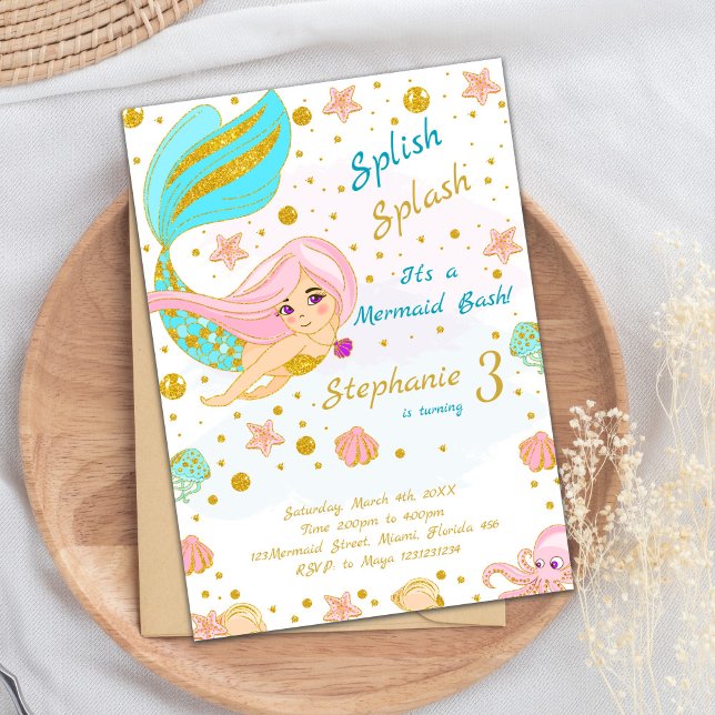 Elegant Magical Under the Sea Party Invite (Golden Glitter Mermaid Birthday Invitations)