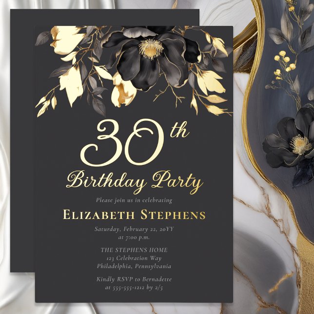 Elegant Magnolia Adult 30th Birthday Party Gold  Foil Invitation (Elegant Magnolia Luxury Gold Foil Graphite Gray Adult 30th Birthday Party Invitation)