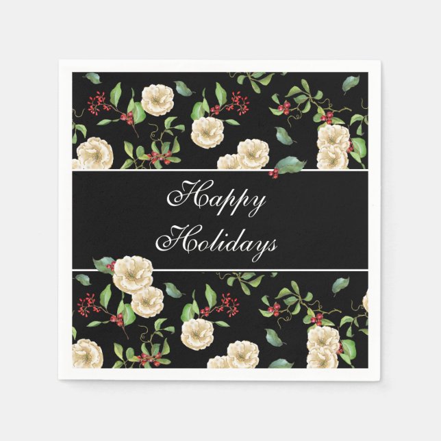 Elegant Magnolia and Berries Watercolor Napkins (Front)