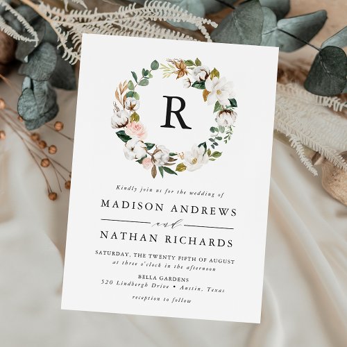 Elegant Magnolia and Blush Floral Monogram Wedding Invitation