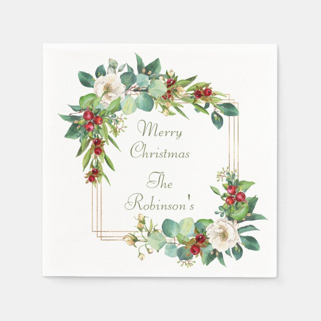 Elegant Magnolia, Berries and Eucalyptus Napkins (Front)