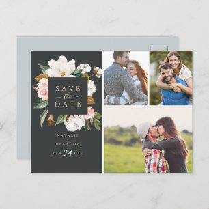 Elegant Magnolia Black 3 Photo Save the Date Invitation Postcard