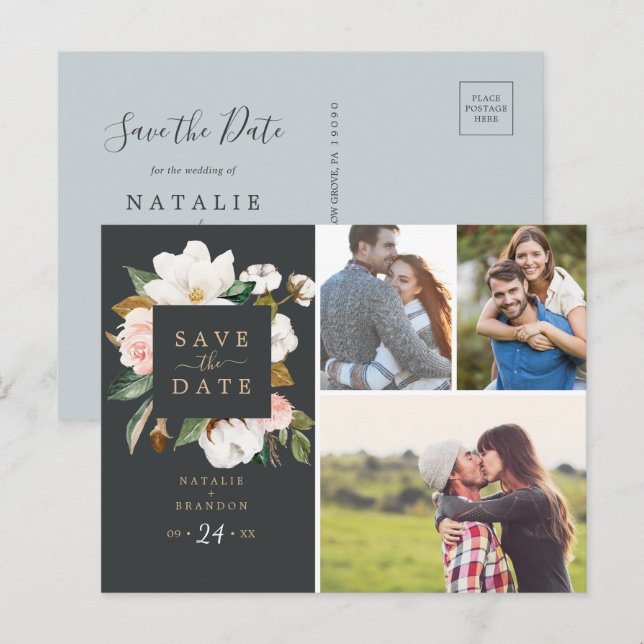 Elegant Magnolia | Black 3 Photo Save the Date Invitation Postcard (Front/Back)