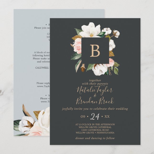 Elegant Magnolia | Black All In One Wedding Invitation (Front/Back)