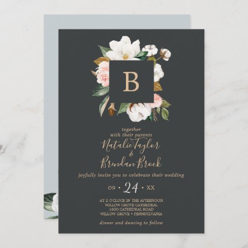 Elegant Magnolia  Black All In One Wedding Invitation
