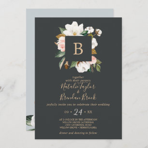 Elegant Magnolia Black All In One Wedding Invitation