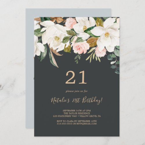 Elegant Magnolia  Black and White 21st Birthday Invitation