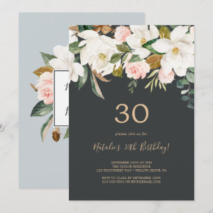 Elegant Magnolia   Black and White 30th Birthday Invitation
