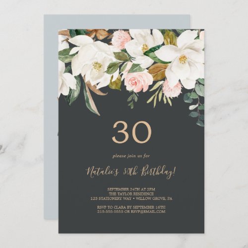 Elegant Magnolia  Black and White 30th Birthday Invitation