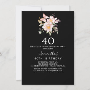 Elegant Magnolia Black and White 40th Birthday Invitation