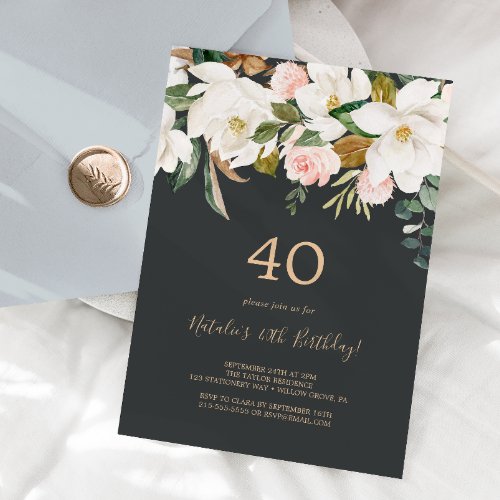 Elegant Magnolia  Black and White 40th Birthday Invitation