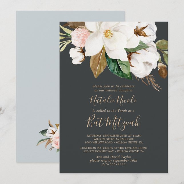 Elegant Magnolia | Black and White Bat Mitzvah Invitation (Front/Back)