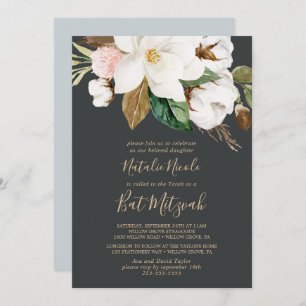 Elegant Magnolia Black and White Bat Mitzvah Invitation