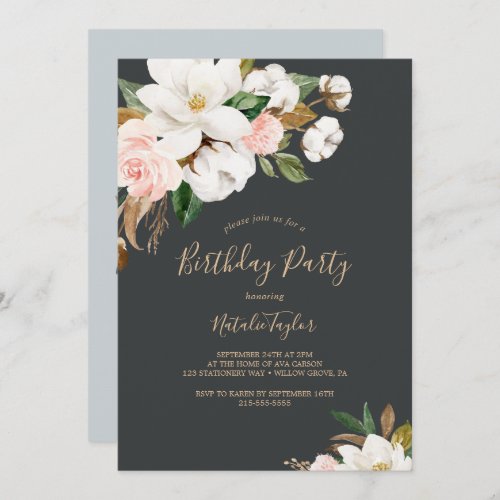Elegant Magnolia  Black and White Birthday Party Invitation