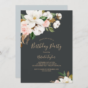 Elegant Magnolia Black and White Birthday Party Invitation