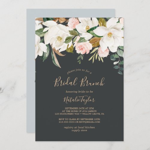 Elegant Magnolia  Black and White Bridal Brunch Invitation