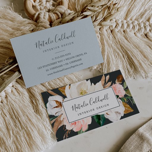 Customizable Elegant Magnolia | Black and White Business Card