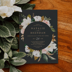 Elegant Magnolia Black and White Casual Wedding Invitation