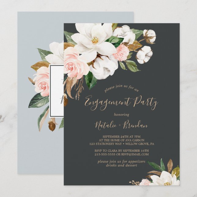 Elegant Magnolia Black and White Engagement Party Invitation (Front/Back)